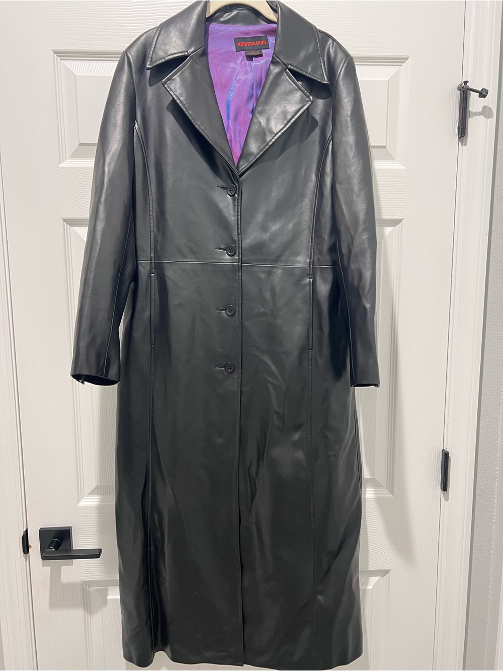 Long Black Faux Leather Coat with Purple Lining